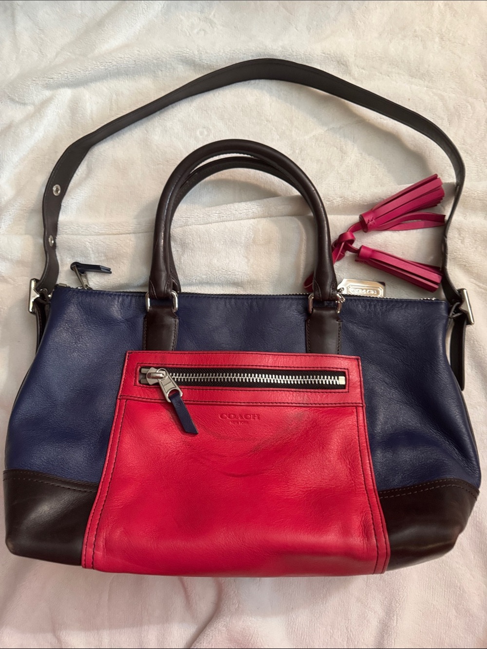 Coach Colorblock Leather Satchel in Navy, Fuscia and Black leather